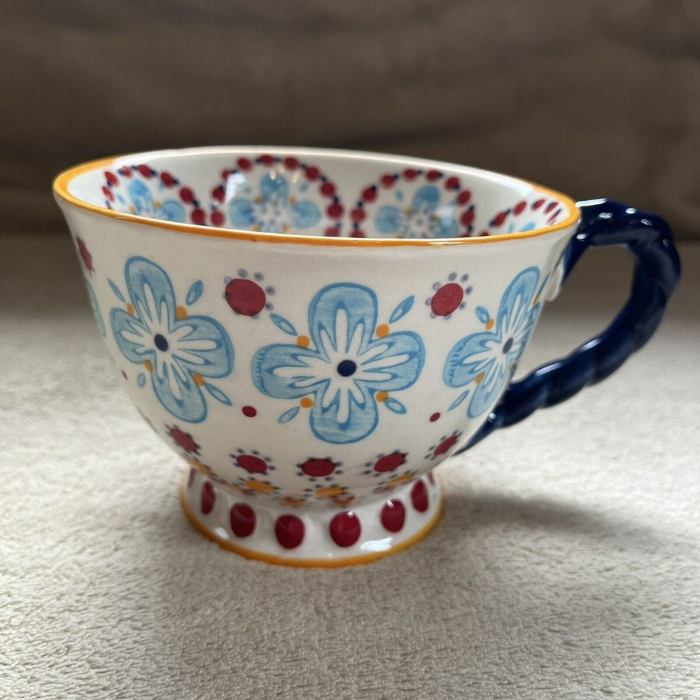 Anthropologie Akila Braid Twist Handle Footed Cup Mug Blue Red Yellow